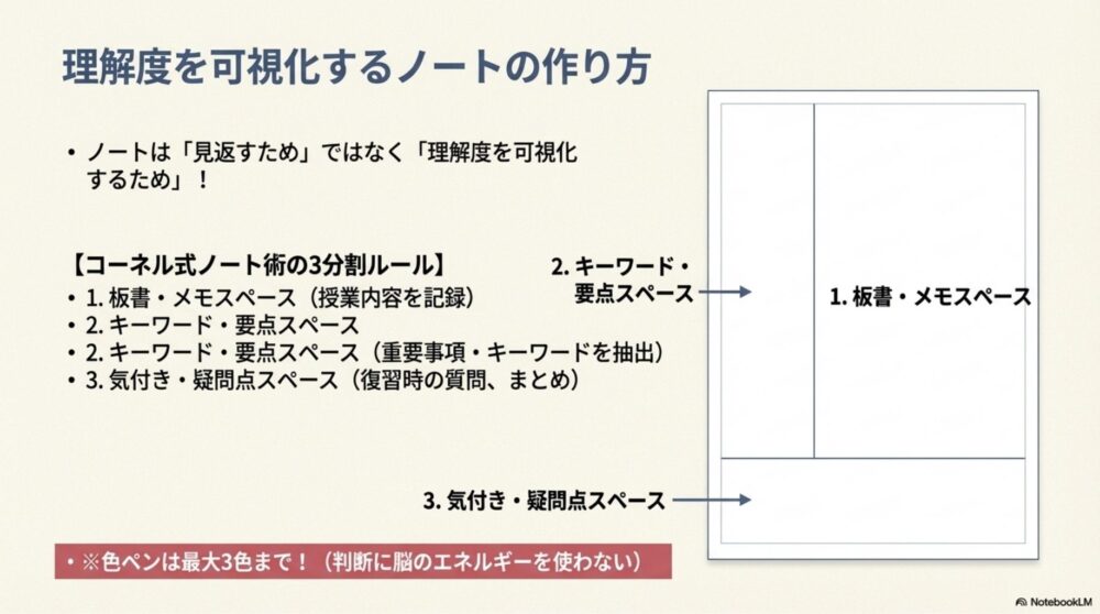 コーネル式ノート術など、理解度重視のノートレイアウトを図解