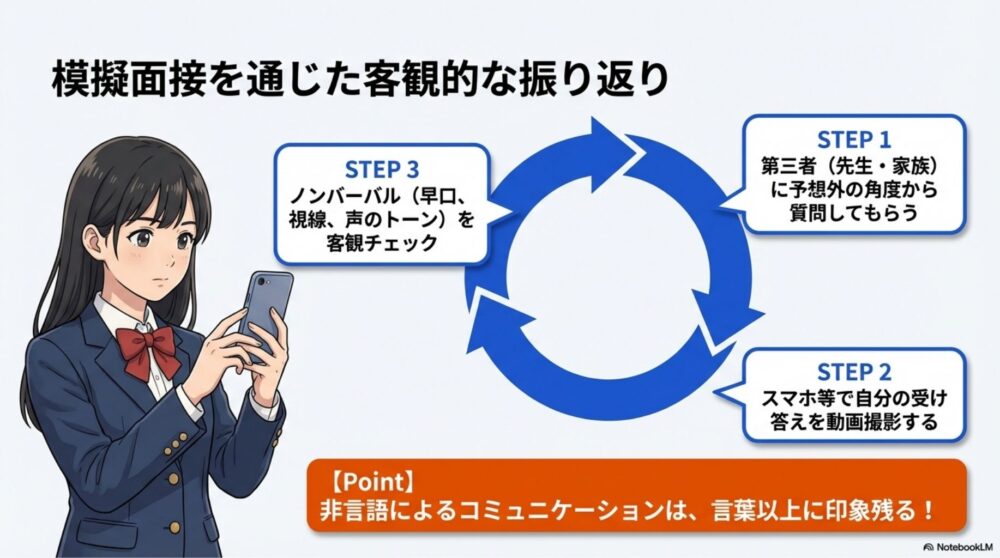 第三者との模擬面接と動画撮影での振り返りサイクル