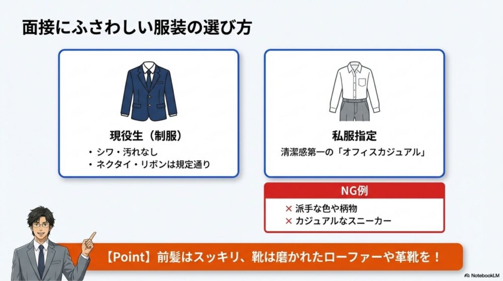 現役生のブレザー制服と私服面接時のオフィスカジュアルの対比図