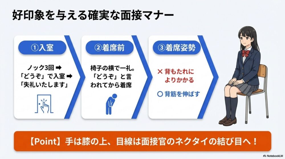 ノックから着席までの正しい入室マナーのステップ図