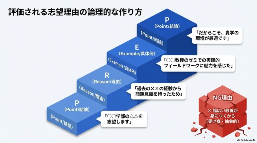 PREP（結論・理由・具体例・結論）の構造図