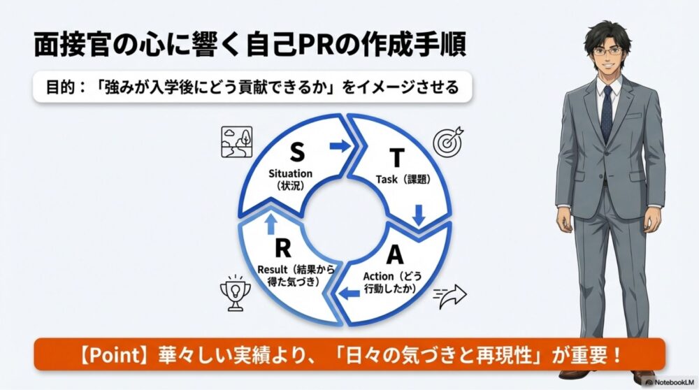 エピソードのプロセス（状況・課題・行動・結果）を示す図解
