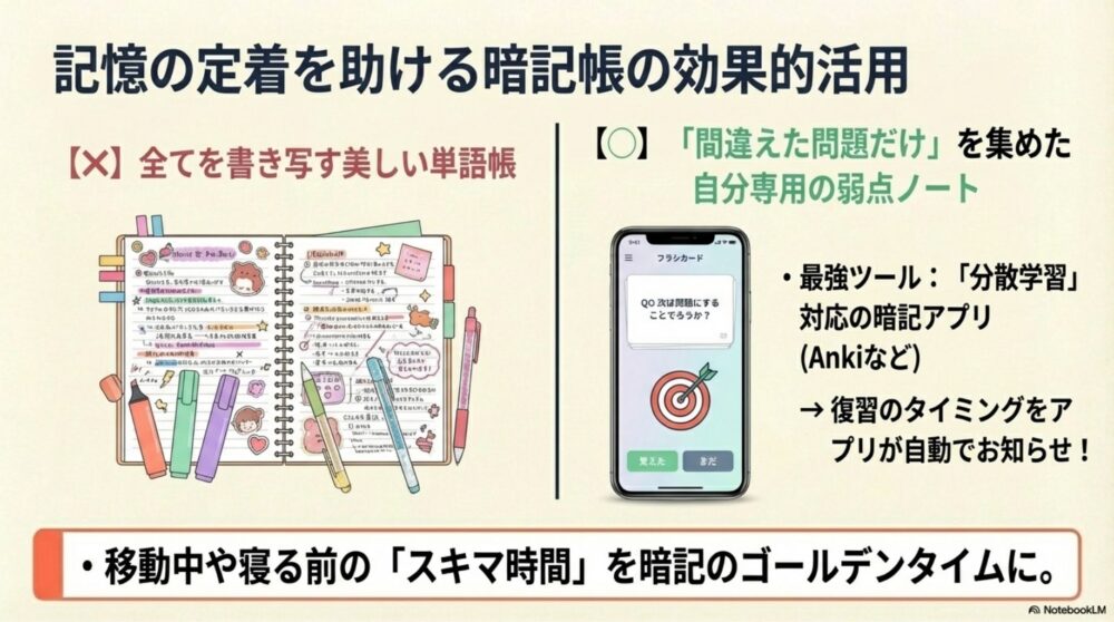 弱点専用の暗記帳とアプリ（Anki等）の活用法を図解