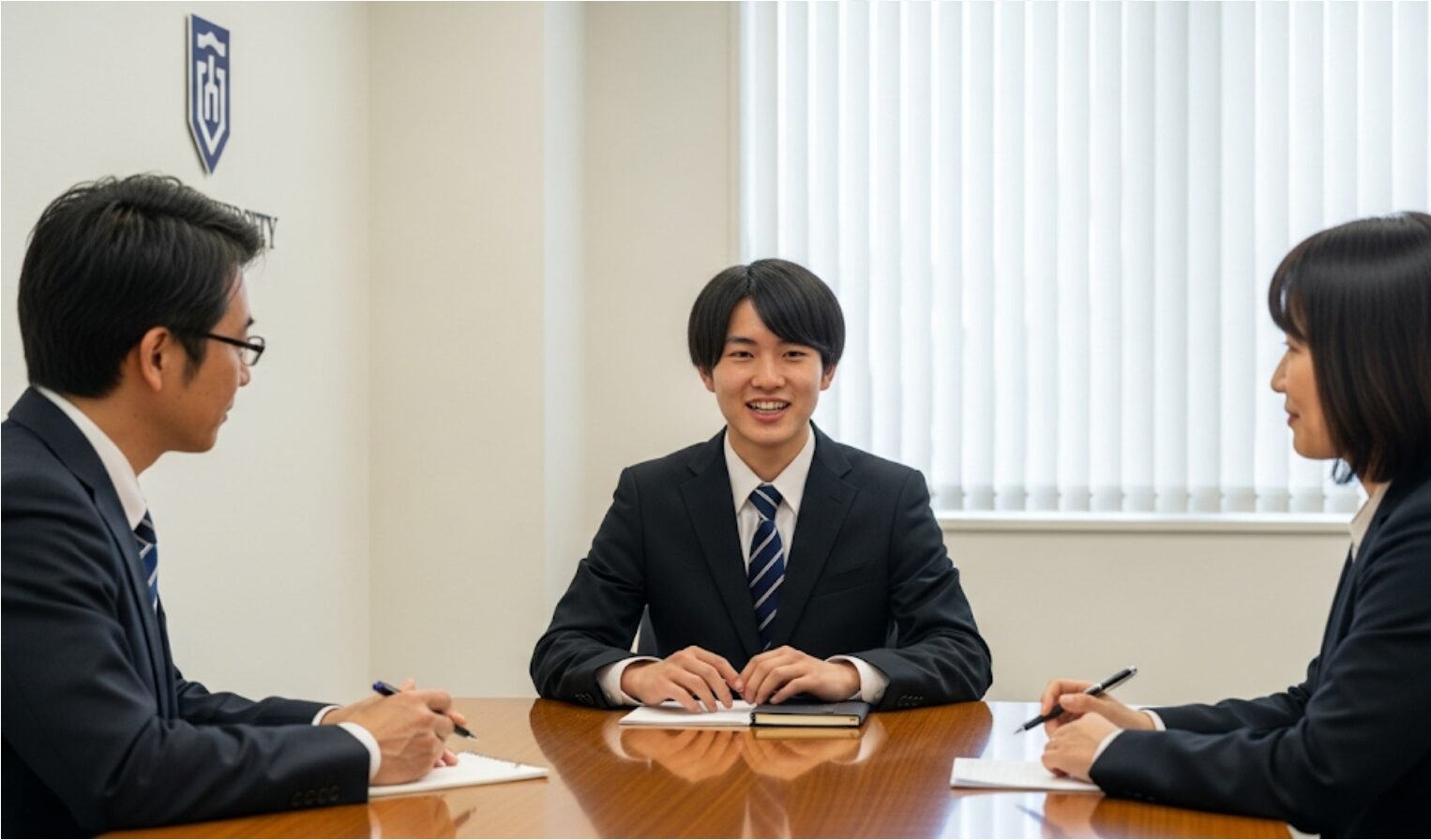 大学入試の面接で、面接官からの質問に自信を持ってハキハキと答えている日本の男子学生。