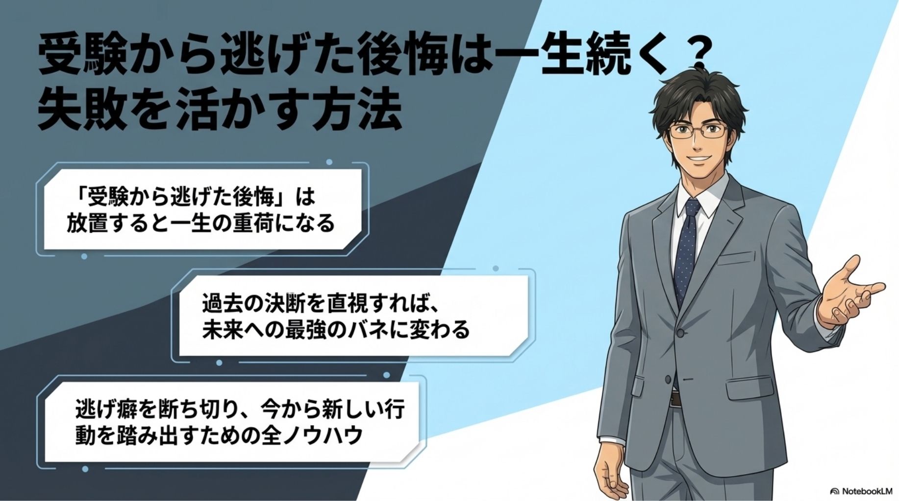 受験から逃げた後悔をバネにして人生を切り拓く方法を解説するタイトルスライド