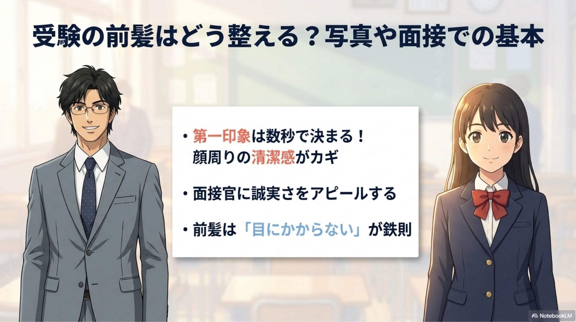 受験時の前髪の整え方を解説するインフォグラフィック風スライド