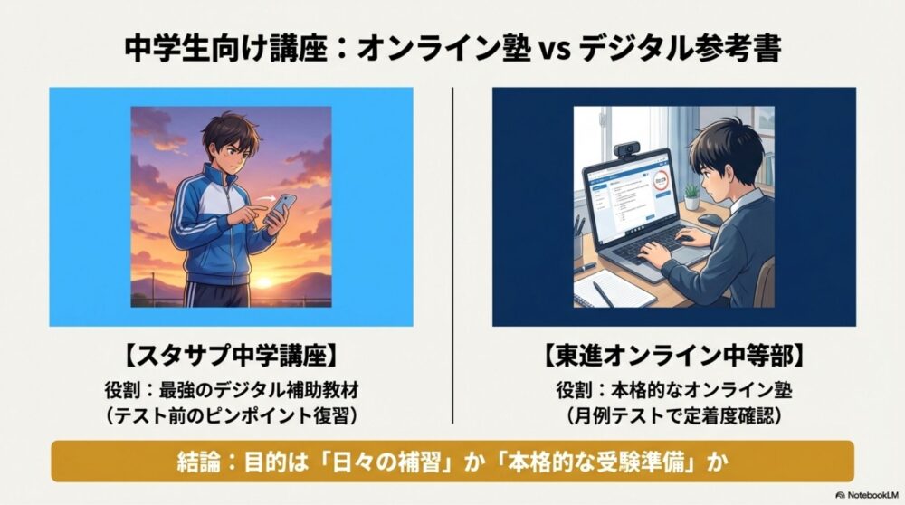 テストを受けている中学生（東進オンライン）と、部活帰りにスマホで復習する中学生（スタサプ）の図。