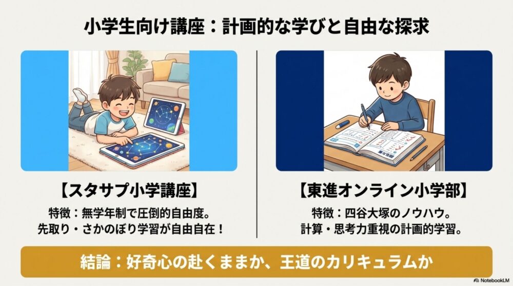 四谷大塚のテキストで学ぶ小学生（東進）と、学年を超えてタブレットを楽しむ小学生（スタサプ）。