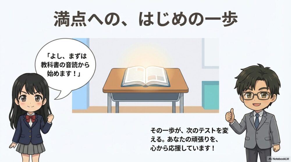 教科書の音読から始めようというメッセージとたく先生からの応援イラスト