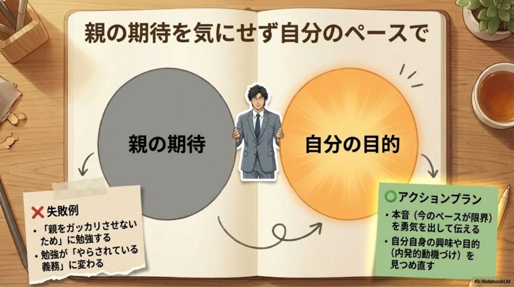 親の期待との距離感、自分の内発的動機づけを取り戻す図
