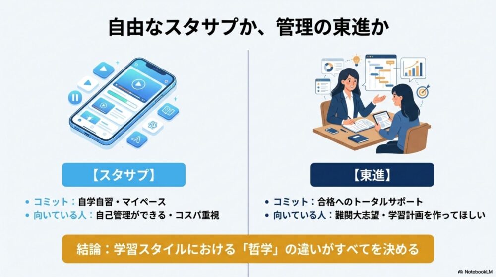 スタサプのスマホ画面（自由・マイペース）と東進の面談風景（管理・伴走）の対比イラスト。