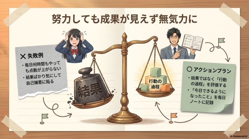 努力しても成果が出ずに無気力になる原因と対策の対比図

