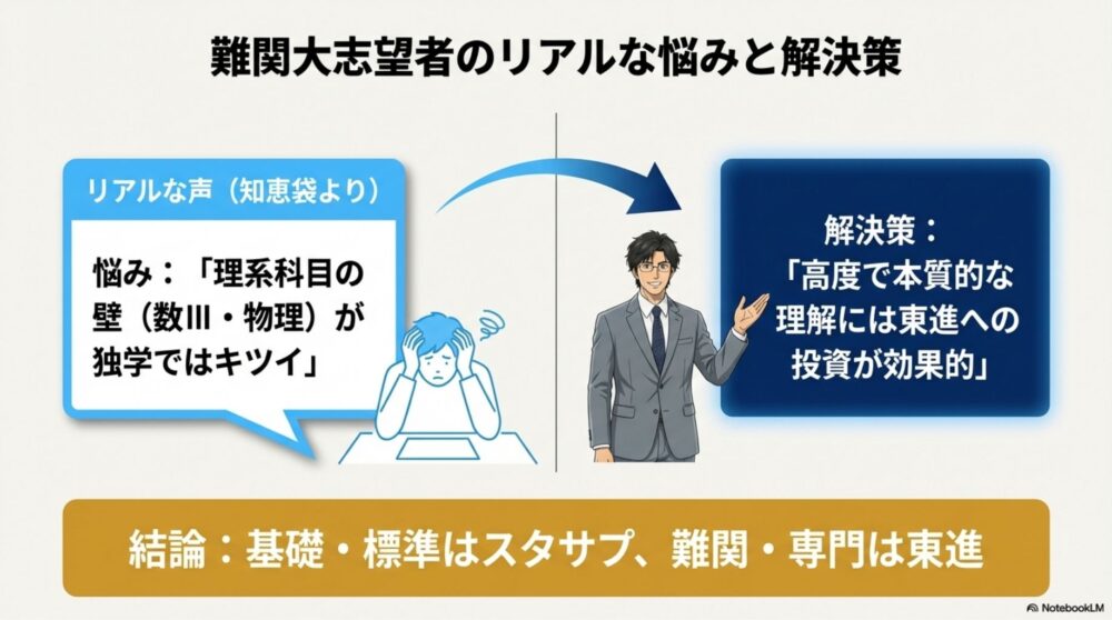 悩む高校生と、それを解決する質の高い授業をイメージした図解。