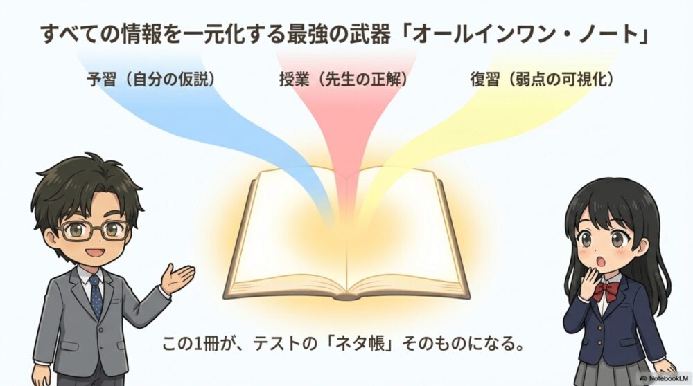 予習・授業・復習をすべて一冊にまとめるオールインワンノートの概念図
