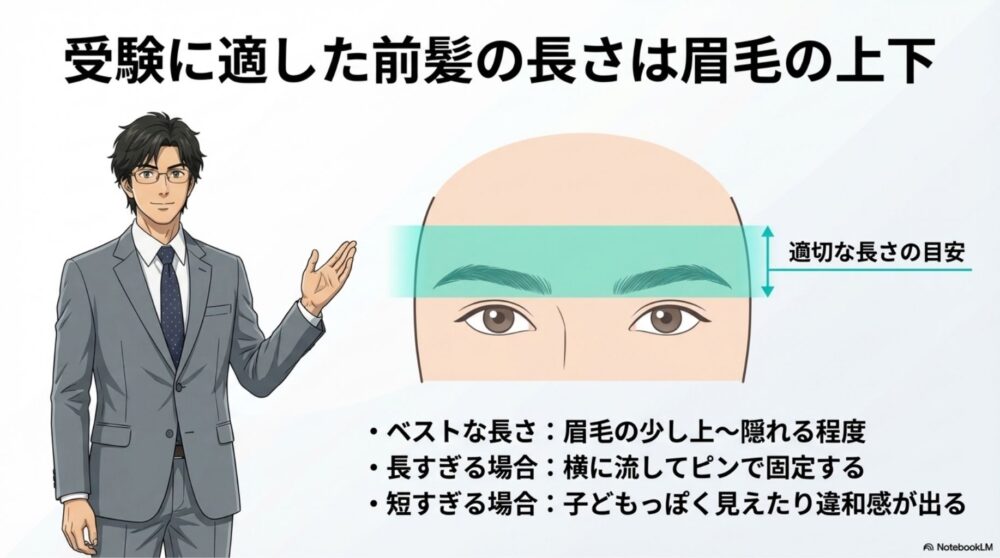 受験に適した前髪の長さ（眉上〜眉下）を示す図解
