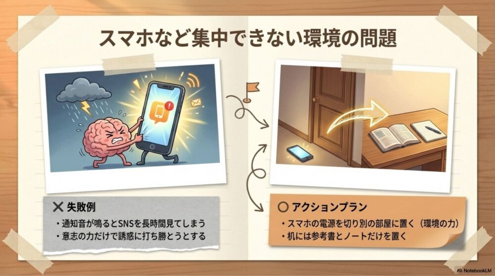 スマホの誘惑に負ける生徒と環境改善の対比図
