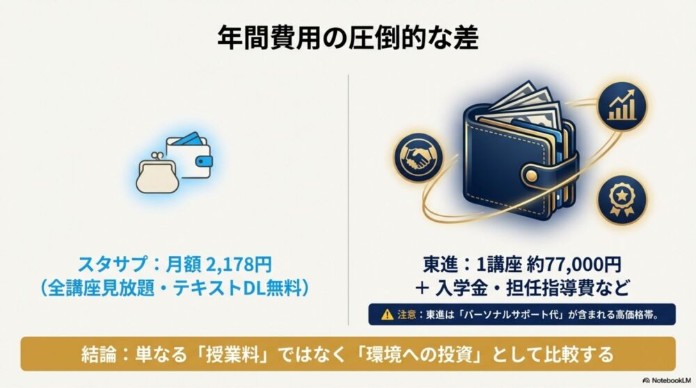 月額2,178円のスタサプ（小さなお財布）と、年間数十万円の東進