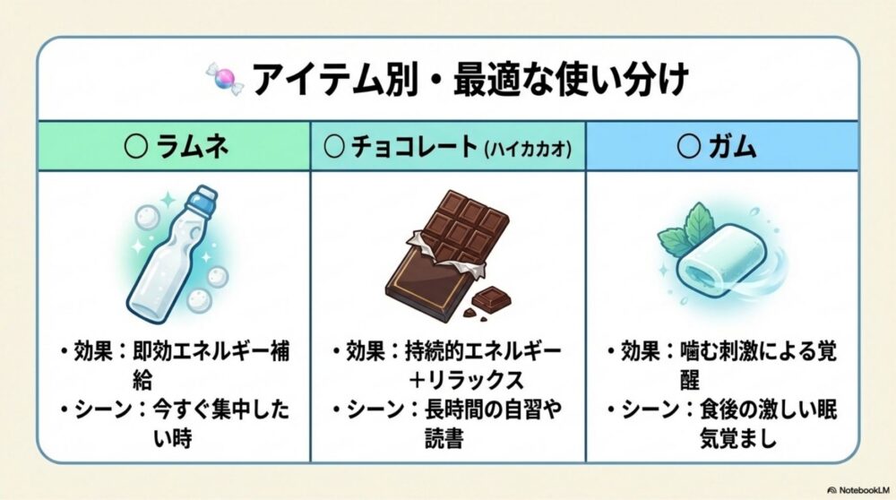 ラムネ・チョコ・ガムの3択比較表