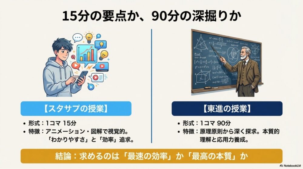 黒板の前で熱弁する大学教授風の講師（東進）と、スマホで素早く動画を見る生徒（スタサプ）の図。