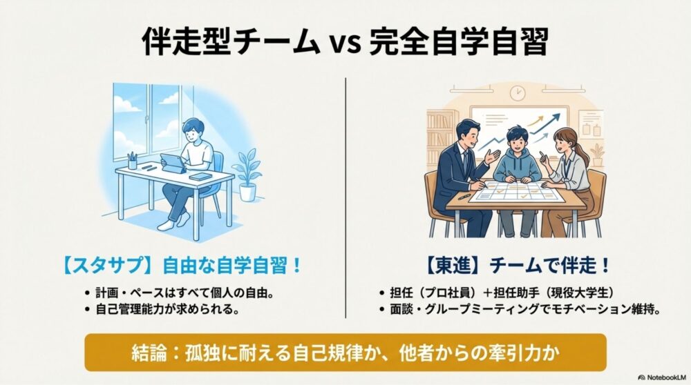 担任・チューターと円陣を組む生徒（東進）と、一人で黙々と机に向かう生徒