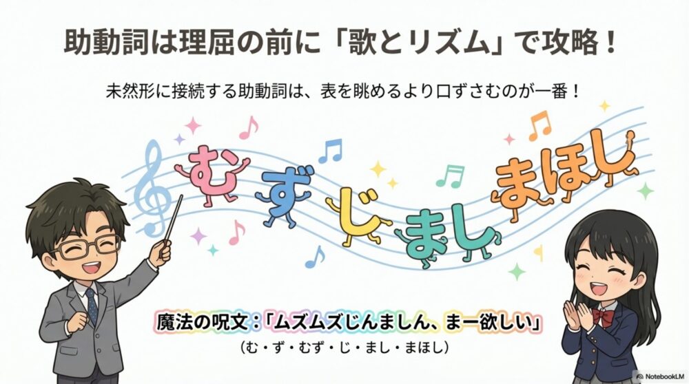 助動詞の接続をリズムと歌で覚える語呂合わせ「ムズムズじんましん」のイラスト