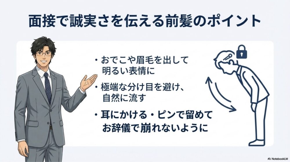 面接で誠実さを伝える前髪のポイント図解