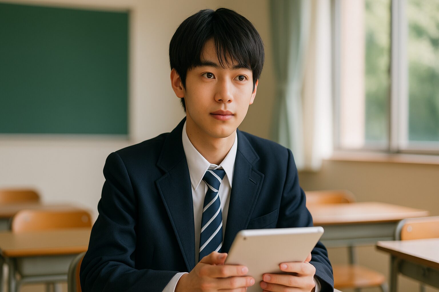 男子高校生が教室でタブレットを持ちながら何かを考えている様子をとらえた写真。スタサプ、学習、無料体験、2回目がキーワード。