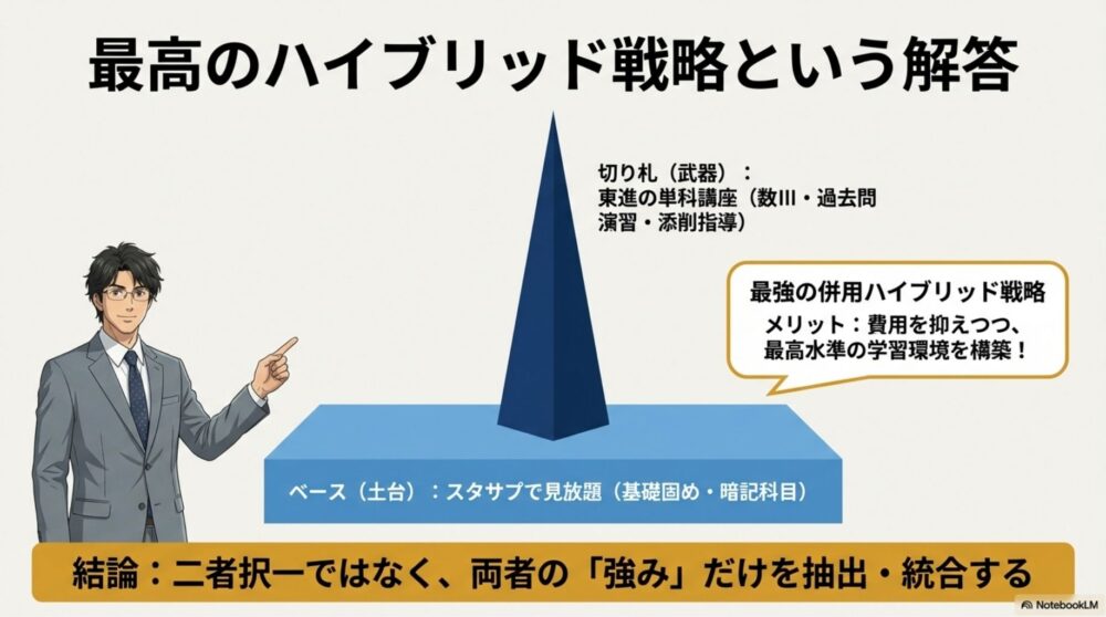 土台となる広いスタサプの上に、鋭い塔のようにそびえ立つ東進の専門講座のイメージ図。