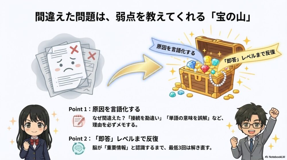 間違えた問題を分析し即答できるまで反復することの重要性を示す図
