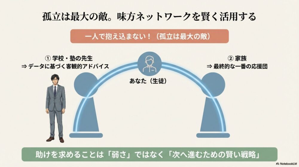 先生や家族への相談とサポートの受け入れ