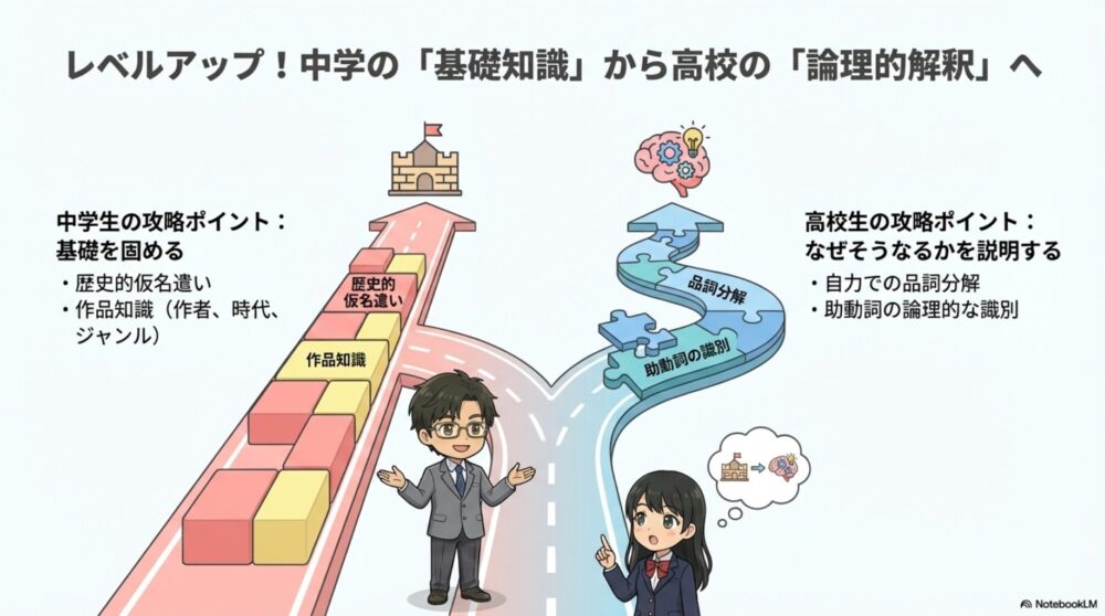 中学生の基礎知識重視と高校生の論理的解釈重視の違いを示したロードマップ図
