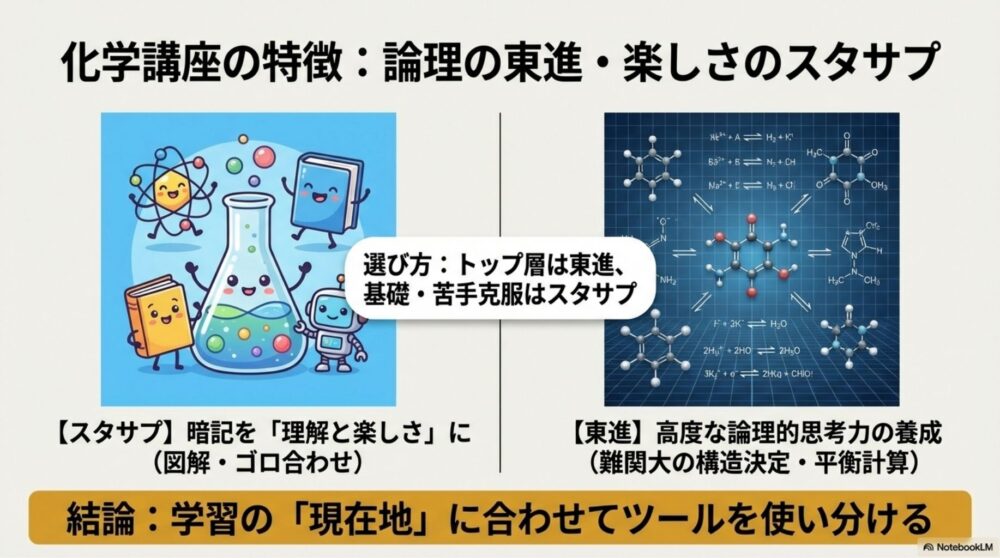 複雑な化学式を解き明かす図（東進）と、可愛いキャラクターで楽しく暗記する図