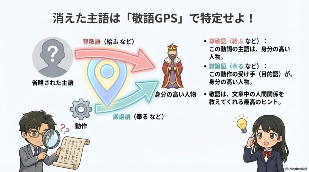 省略された主語を敬語の種類（尊敬語・謙譲語）から特定する方法の図解