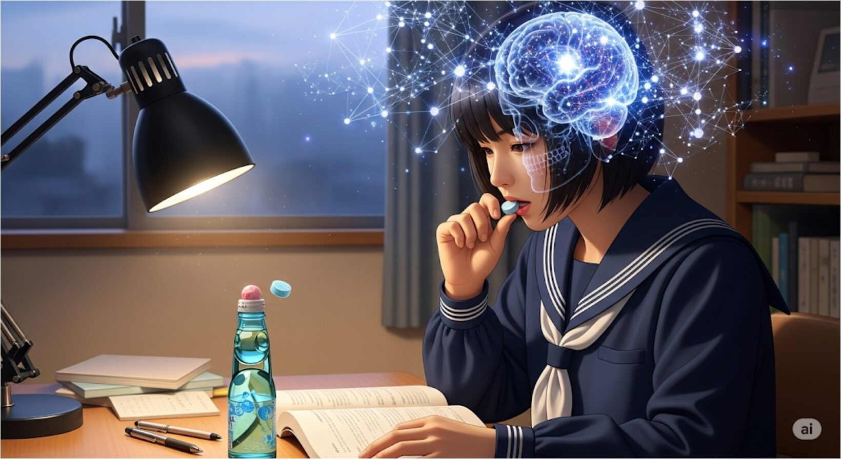 勉強中にラムネを食べて集中力を高めている学生の画像