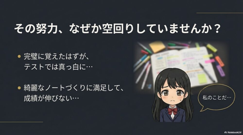 完璧に覚えたはずがテストで頭が真っ白になったり、綺麗なノートを作っても成績が伸びずに悩んでいる女子学生のイラスト