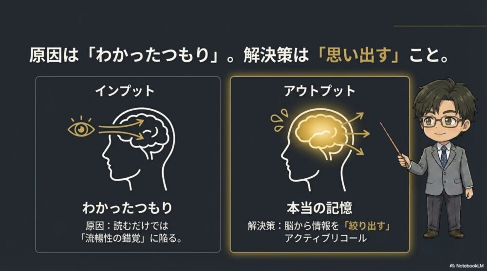 インプットだけでは「わかったつもり（流暢性の錯覚）」に陥るため、脳から情報を絞り出すアクティブリコールが必要であることを示した脳の図解