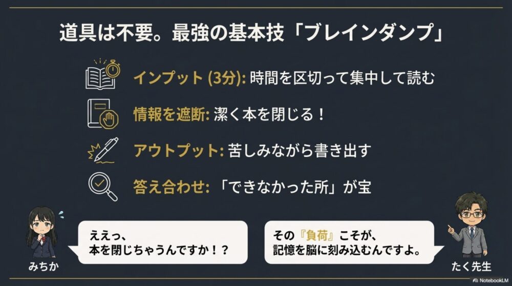 情報を遮断するために潔く本を閉じ、苦しみながら書き出すことが記憶の定着に繋がると解説するたく先生と、驚くみちかのイラスト
