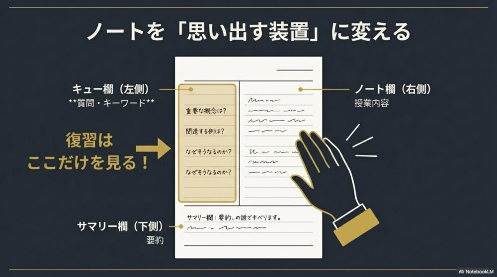 ノートをキュー欄、ノート欄、サマリー欄に分割し、復習時にキュー欄だけを見て思い出す「思い出す装置」としての活用法を示した図