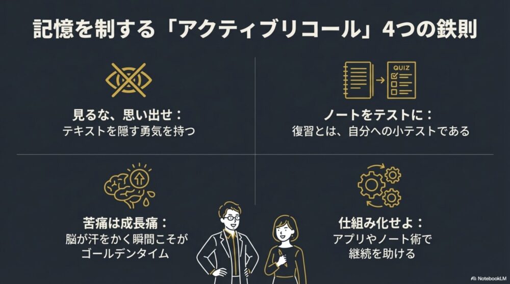見るな思い出せ、ノートをテストに、苦痛は成長痛、仕組み化せよという、記憶を制するための4つの重要なルールをまとめた図