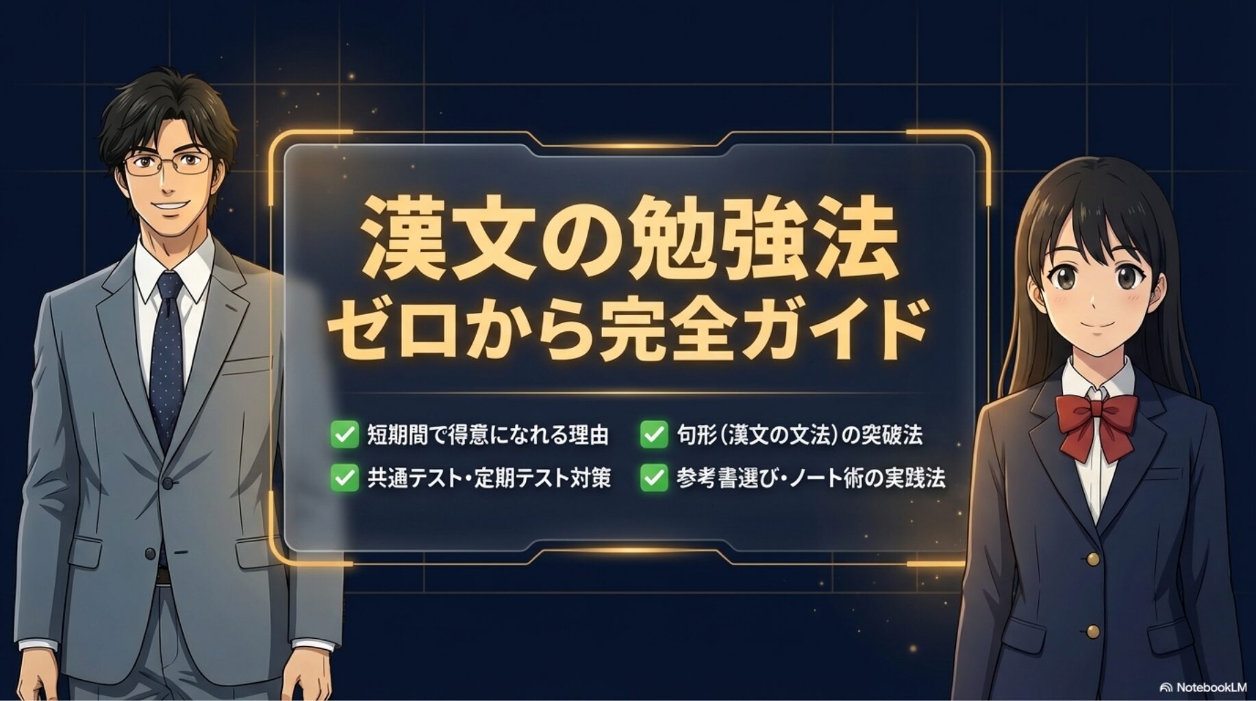 漢文の勉強法をゼロから解説するタイトルスライド。たく先生とみちかのキャラクター配置