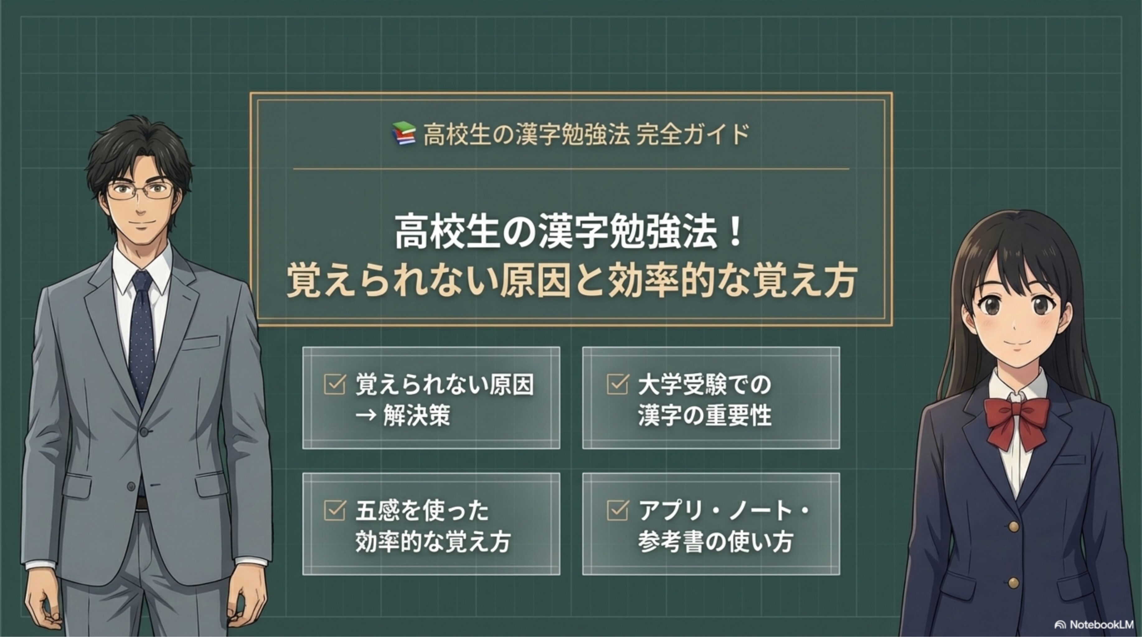 高校生の漢字勉強法のタイトルスライド。たく先生とみちかが解説するインフォグラフィック。