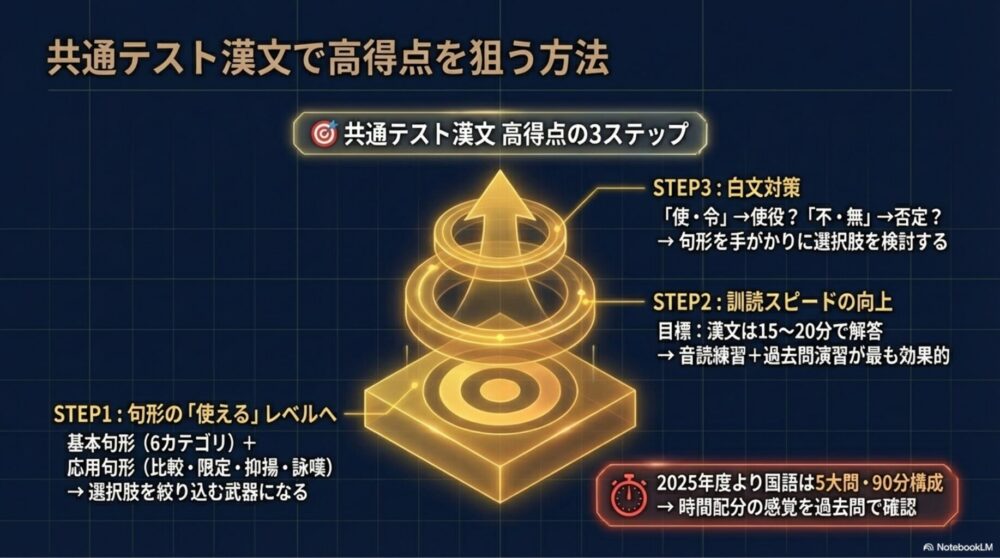 共通テスト漢文の3大対策ポイントを示すインフォグラフィック
