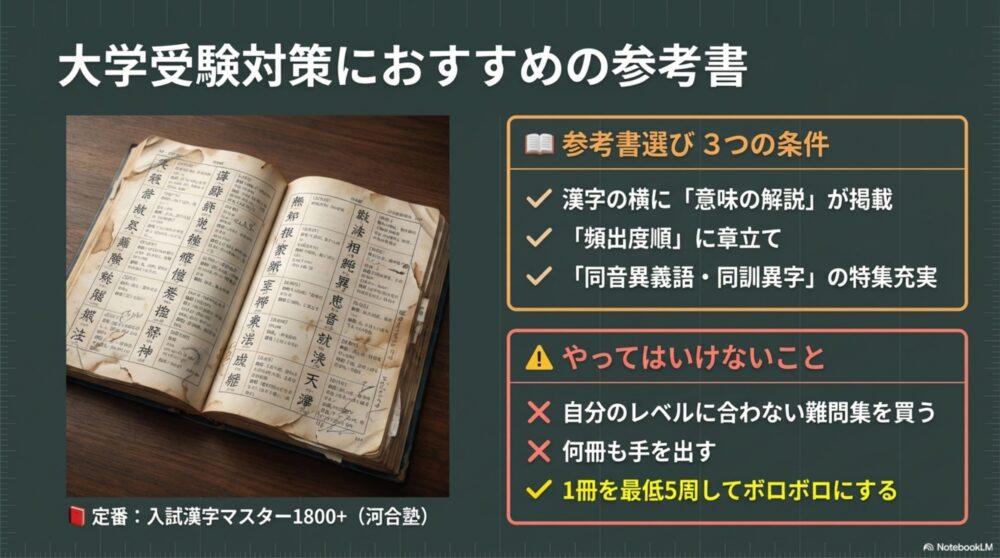 大学受験向け漢字参考書の選び方ポイントを示す図解。
