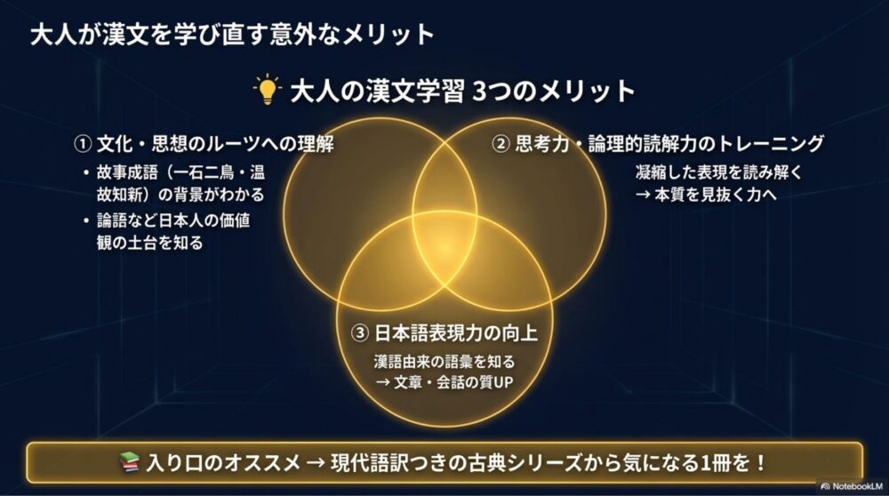 大人が漢文を学ぶメリット（教養・思考力・表現力）のインフォグラフィック
