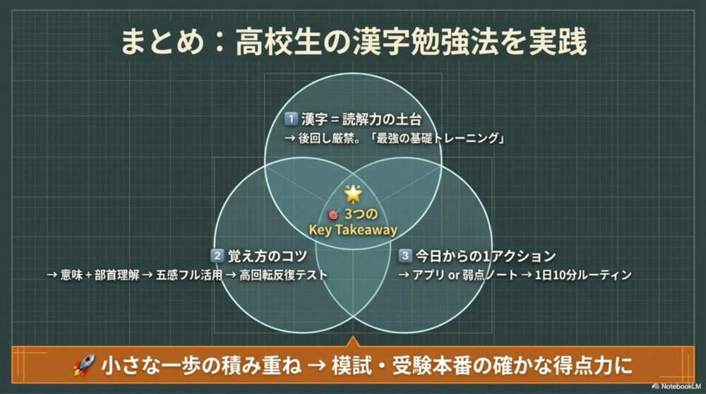 高校生の漢字勉強法の要点まとめインフォグラフィック。
