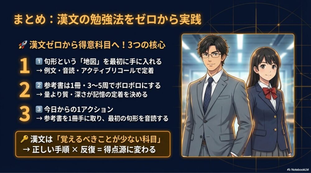 漢文勉強法の重要なエッセンスを凝縮したまとめインフォグラフィック
