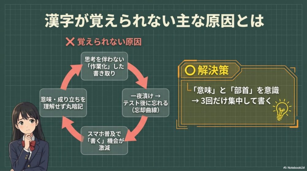高校生が漢字を覚えられない5つの原因を示すインフォグラフィック。