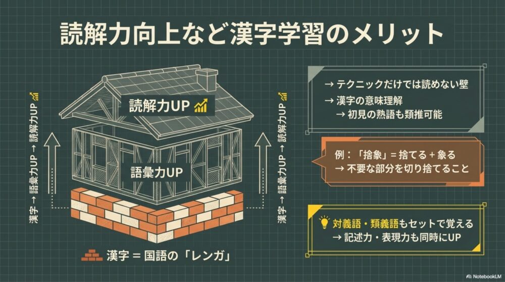漢字学習がもたらす読解力・語彙力向上のメリットを図解。
