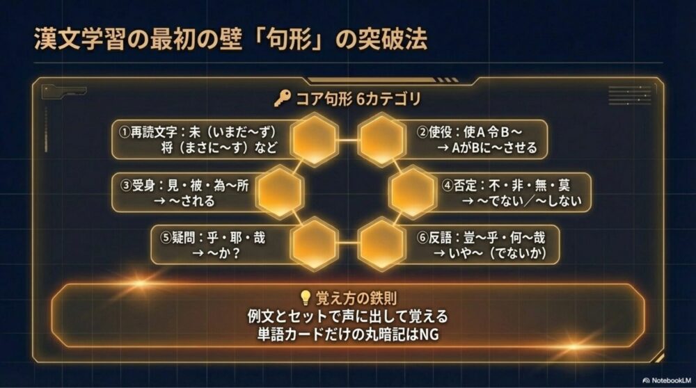 覚えるべき6カテゴリの句形と効果的な覚え方のインフォグラフィック

