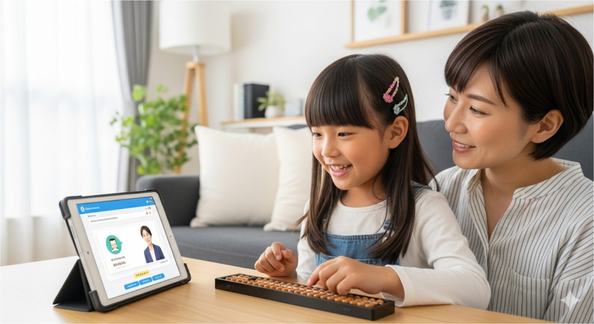 自宅の明るいリビングで、母親が優しく見守る中、タブレットを使い笑顔でそろばんを学習している女の子。